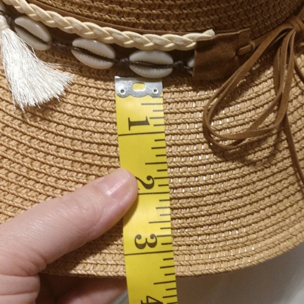 Unisex Western Straw Sun Hat Cowrie Cowry Shells 3.5" Wide Brim Khaki Tan Boho - Picture 12 of 14